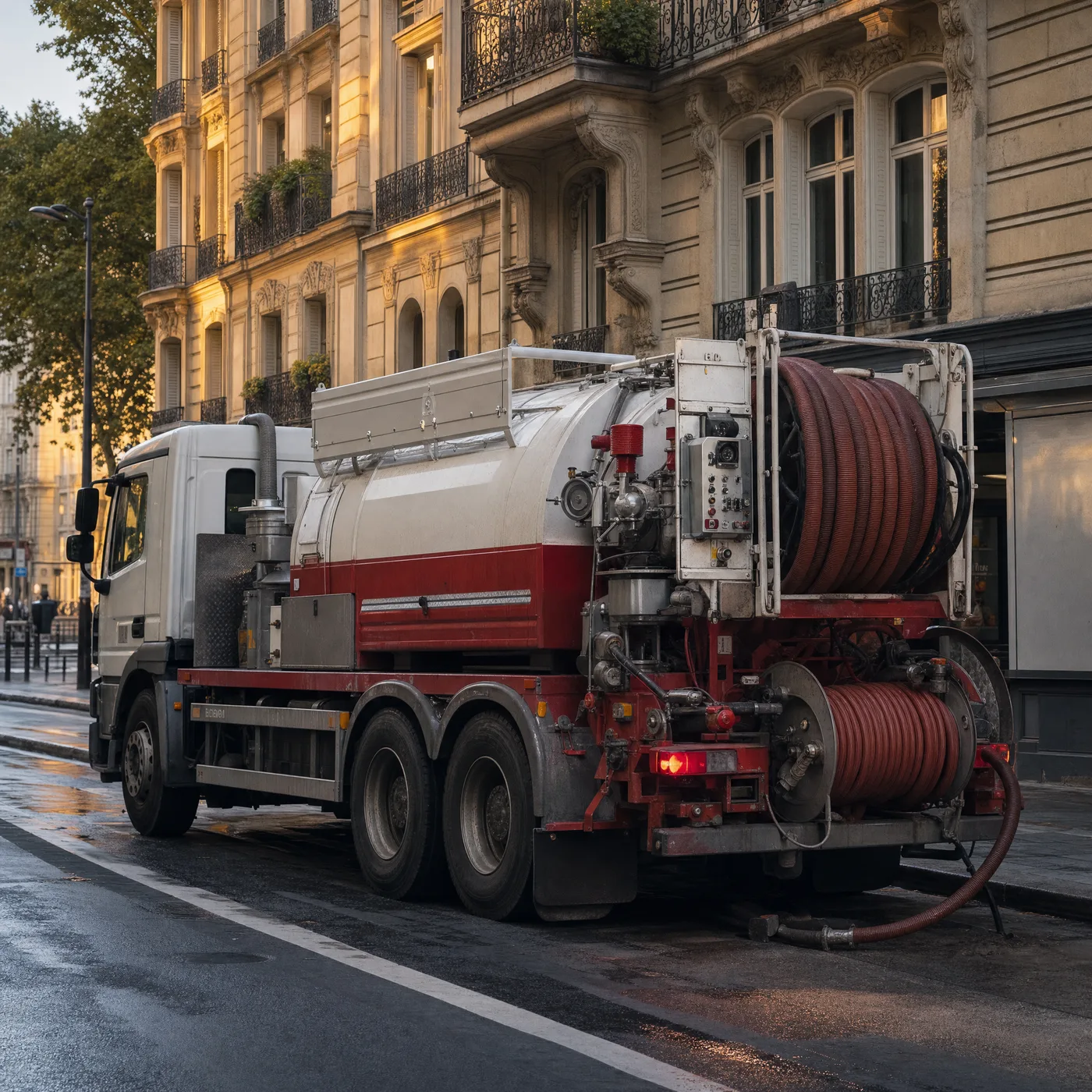 Camion hydrocureur devant un immeuble parisien
